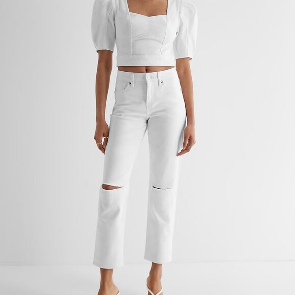NWT Express Denim Puff Sleeve White Corset Cropped Blouse Top Size 0 - Picture 2 of 6